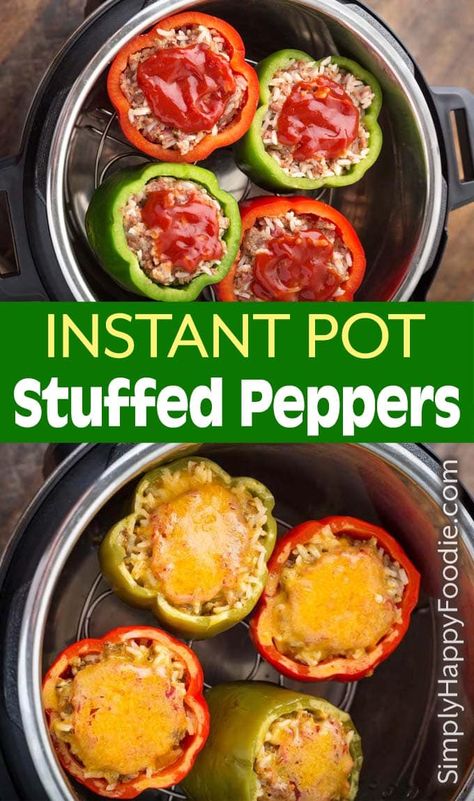 Instant Pot Stuffed Peppers are a quick and delicious weeknight meal. A delicious dinner of pressure cooker stuffed peppers in under an hour! Kid friendly stuffed peppers in the Instant Pot by simplyhappyfoodie.com #stuffedpeppers #instantpotstuffedpeppers #pressurecookerstuffedpeppers Stuffed Peppers Instapot, Stuffed Peppers Instant Pot, Instant Pot Stuffed Bell Peppers, Pressure Cooker Stuffed Peppers, Instant Pot Stuffed Peppers, Easy Stuffed Peppers, Delicious Dinner, Pressure Cooker, Weeknight Meals