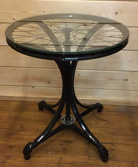 Our bicycle wheel table is now finished! The table has been created from three bicycle wheels and a rear cassette sprocket. Powder coated in gloss black for a super shiny finish and complete with a toughened glass table top. Log Tables, Bicycle Table, Wheel Table, Table With Wheels, Bicycle Decor, Bicycle Wheels, Car Part Furniture, Motorcycle Clothing, Furniture Black