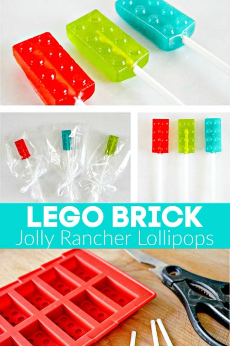 How to make homemade LEGO brick Jolly Rancher lollipops Jolly Rancher Suckers, Lego Molds, Jolly Rancher Lollipops, Lollipops Diy, Lego Food, Lego Candy, Homemade Lollipops, Lollipop Recipe, Elizabeth Arden Green Tea