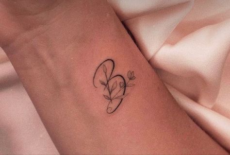 Initial Tattoo Flower, Letter Tattoo With Flowers, Flower Tattoo With Initials, Husband Initial Tattoos For Women, Cursive B Tattoo, B Initial Tattoo, B Tattoo Ideas, Delicate Bracelet Tattoo, Letter B Tattoo Ideas