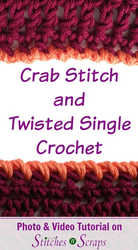 Crab Stitch and Twisted Single Crochet are two decorative edging stitches. The results are similar, but they are worked in opposite directions. Learn both stitches in this photo and video tutorial on Stitches n Scraps! Crochet Edging Pattern, Crochet Border Patterns, Crochet Eyes, Crochet Edging Patterns, Easy Crochet Projects, I Cord, Crochet Stitches For Beginners, Crochet Borders, Single Crochet Stitch