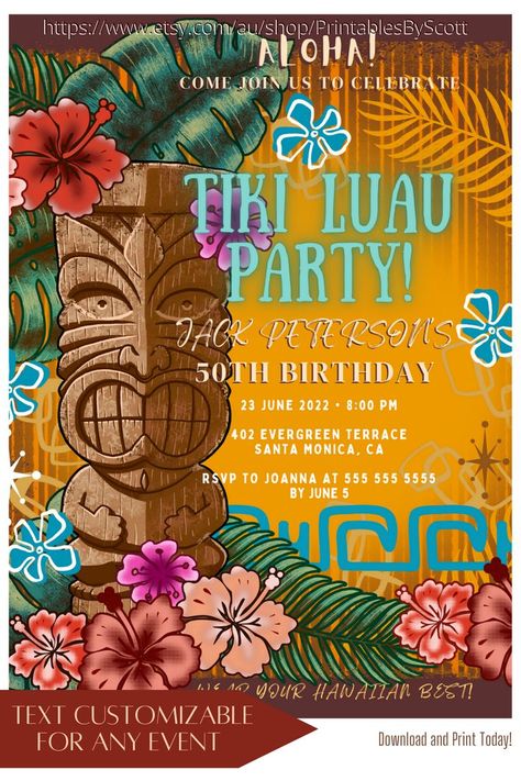 Make your next Luau special by customizing your very own invitations. This fun and festive invitation will surely get compliments from your guests. This template is editable online via CANVA.COM. No software needed.               15% off with code: SAV15                                      #tikibar #invitation #celebration #summervibe #birthday #tikilifestyle #discount #sale #party #partyideas Tiki Party Invitation, Hawaiian Luau Party Invitations, Luau Themed Party, Hawaiian Invitations, Luau Party Invitations, Luau Birthday Invitations, Luau Invitations, Luau Theme Party, Hawaiian Luau Party