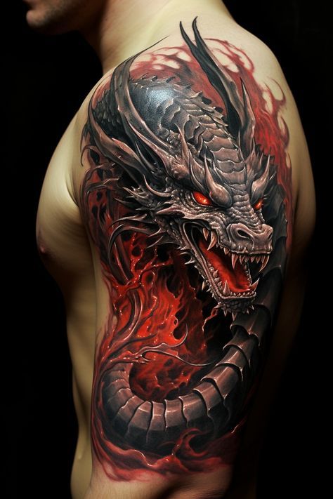 Dragon Tattoo Realistic, Dragon Tattoo Images, Dragon Tattoo Shoulder, Tato 3d, Black Dragon Tattoo, Dragon Tattoo Arm, Dragon Tattoos For Men, Dragon Tattoo Art, Samurai Tattoo Design