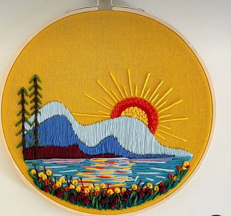 Embroidery Landscape Pattern, Mountain Embroidery Pattern, Mountain And Flowers, Lake Embroidery, Mountain Embroidery, Hoop Crafts, Landscape Embroidery, Diy Tie Dye Techniques, Hat Inspiration