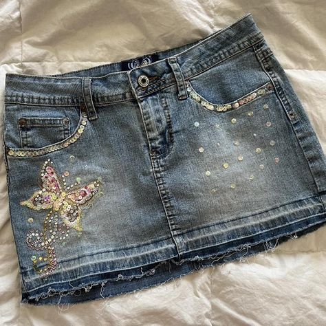 Look what I just bought on Depop 🙌 https://depop.app.link/bAKWzgBJAyb Denim Skirt Rhinestones, Bedazzled Denim Skirt, Mini Jean Skirt Outfit, Y2k Denim Skirt Outfit, Sanrio 2000s, Denim Mini Skirt Outfit, Skirt Embroidery, Y2k Denim Skirt, Depop Clothes