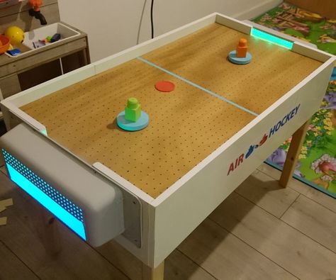 Wooden Air Hockey Table With Led Lights Air Hockey Diy, Diy Air Hockey Table, Hockey Diy, Basement Games, Air Hockey Table, Arcade Room, Air Hockey, Wooden Games, 3d Printing Diy