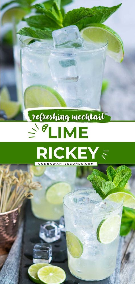 Lime Rickey  garnished with lime and mint Sour Non Alcoholic Drinks, Club Soda Cocktails Non Alcoholic, Soda Water Mocktails, Hop Water Mocktail, Club Soda Mocktail, Tonic Water Drinks Non Alcoholic, Club Soda Drinks Non Alcoholic, Non Alcoholic Drinks With Club Soda, Lime Rickey Recipe