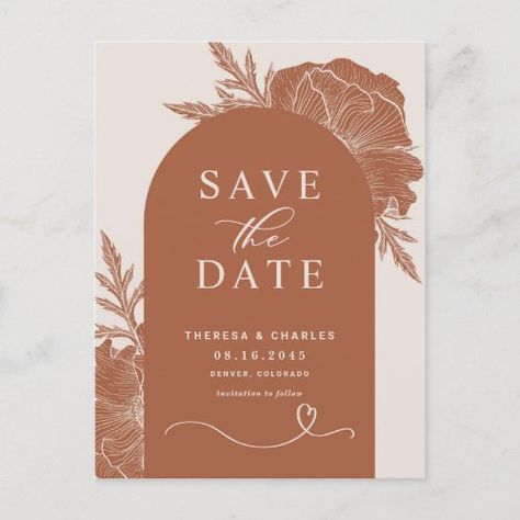 $1.85 | Boho Terracotta Floral Line Arch Save the Date #save the date, boho save the date, terracotta, botanical, terracotta wedding, save the date postcard, boho save the date postcard, floral save the date, rustic, terracotta save the date postcard Orange Save The Date, Boho Save The Date, Invitation Etiquette, Classic Typography, Floral Line Art, Terracotta Wedding, Rustic Save The Dates, Floral Save The Dates, Themed Weddings