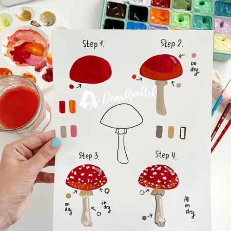 Gouache Tutorial, Mushroom Paint, Mushroom Drawing, Gouache Art, Watercolor Art Lessons, Mushroom Art, Beginner Painting, Watercolor Ideas, Art Inspiration Painting