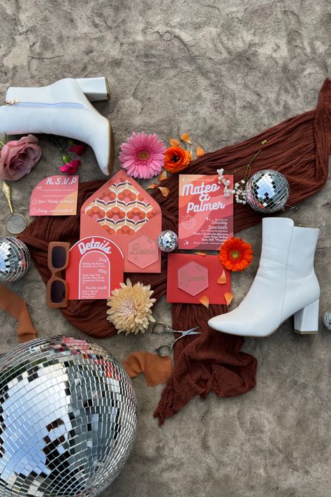 Dolly Parton Wedding Theme, Disco Wedding Flatlay, Groovy Wedding Aesthetic, 70s Inspired Wedding Invitations, Retro Fall Wedding, 70's Wedding Inspiration, 70s Disco Wedding Theme, 70s Wedding Reception, Retro Desert Wedding