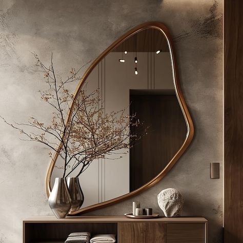 Delhi Apartment, Mirror Wall Decor Entrance, Mirror Accent Wall, Blob Mirror, Entrance Mirror, Mirror Decor Ideas, Artistic Decor, Console Table Styling, Mirror Frame Diy