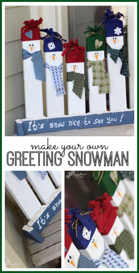 how to make your own Greeting snowman - this idea is so cute for diy porch decor, love it! - - Sugar Bee Crafts Snowman Porch Decor, Diy Santa, Snowman Christmas Decorations, Christmas Porch Decor, Christmas Wood Crafts, Bee Crafts, Snowman Crafts, Christmas Porch, Noel Christmas