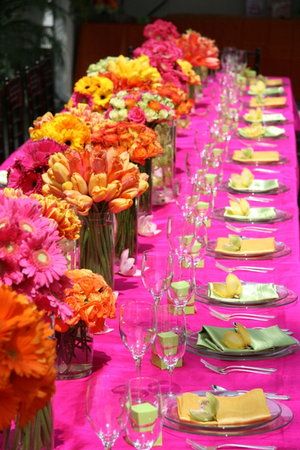 Flowers, Reception, Pink, Green, Ceremony, Orange, Yellow, Inspiration, Board, Silver, Haute couture linens Wedding Reception Table Decorations, Reception Table Decorations, Deco Rose, Beautiful Table Settings, Reception Flowers, Orange Wedding, Long Table, Yellow Wedding, Reception Table