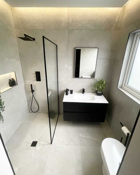 The use of matt black fixtures against the grey tiles, creates a sleek and modern feel within this magnificant space 😍 @livingatnumber32 @djsbuildingsolutionsltd #VictorianPlumbing #VictorianPlumbingcustomer #bathroomideas #bathroominspiration #modernbathrooms Small Shower Room, Ensuite Ideas, Ensuite Shower Room, Small Bathroom With Shower, Small Bathroom Layout, Small Bathroom Interior, Small Shower, Bathroom Redesign, Wet Room