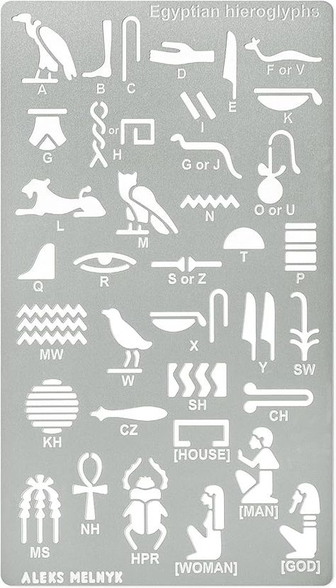 Amazon.com : Aleks Melnyk No.456 Metal Stencil, Egyptian Hieroglyphs, Ancient Egyptian Glyphs Alphabet, Letter Tracers, Template for Wood Burning, Magic Runes, Pyrography Engraving, Bookmark, Crafts, Art, DIY : Arts, Crafts & Sewing Egyptian Glyphs, Egyptian Font, Hieroglyphics Art, Hieroglyphics Alphabet, Egyptian Alphabet, Ancient Egypt Hieroglyphics, Ancient Letters, Egyptian Crafts, Egyptian Hieroglyphics Symbols