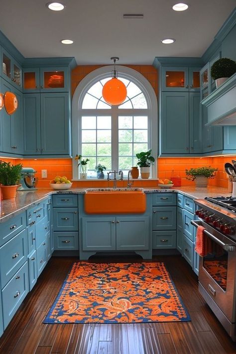 Odd Decor, Fantasy Interior, Colorful Room, Latest Kitchen Designs, City Homes, Teal Kitchen, Orange Kitchen, Kitchen Colour Schemes, Casa Vintage