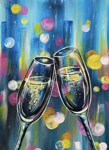 Birthday Paintings For Friend, New Years Painting Canvas, New Years Eve Painting, New Years Painting Ideas, Paint And Sip Ideas Step By Step, Paint Nite Ideas, Wine And Paint Night, Tasty Appetizers, New Years Celebration