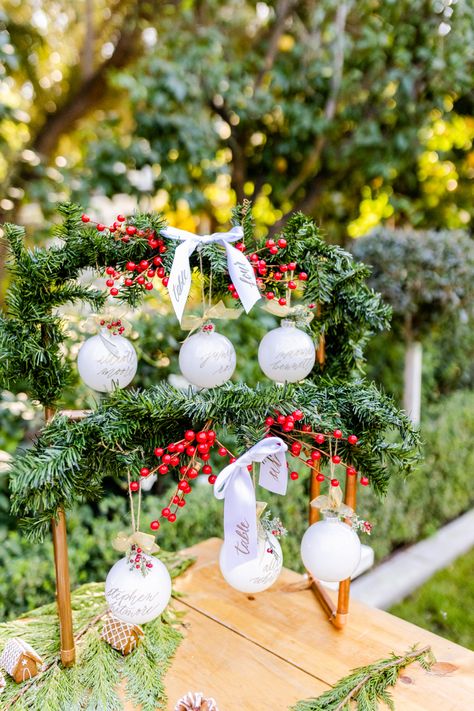 I mean, am I right?! How festive is this design? Plus this seating chart display is cute, fun and interactive and guests get to take home their custom calligraphed ornament as a favor!! Sounds like a win-win!! I loved designing this so much! 😍♥️♥️ | Planning & Design: Bowties & Bouquets Ornament Seating Chart Wedding, Christmas Ornament Seating Chart, Christmas Tree Seating Chart, Christmas Wedding Seating Chart Ideas, Ornament Seating Chart, Christmas Wedding Seating Chart, Seating Chart Display, Wedding December, Winter Wedding Centerpieces