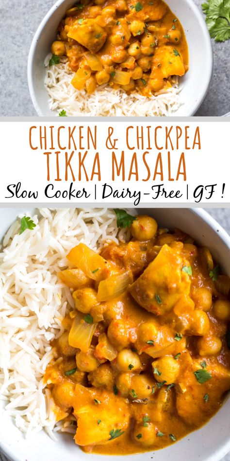 This easy slow cooker chicken and chickpea tikka masala is so simple to throw into your crock pot, and it's a lightened up, dairy-free and gluten-free version. Made with chickpeas (garbanzo beans), juicy chicken and a flavorful sauce, this recipe is perfect for a healthy weeknight meal or meal prep lunches. #slowcooker #dairyfreerecipes #glutenfreeslowcooker #chickenslowcookerrecipes Crockpot Dairy Free, Chicken And Chickpea Curry, Slow Cooker Tikka Masala, Chickpea Tikka Masala, Spicy Sausage Pasta, Gluten Free Crock Pot Recipes, Can Crushed Tomatoes, Chicken Chickpea, Hearty Recipes