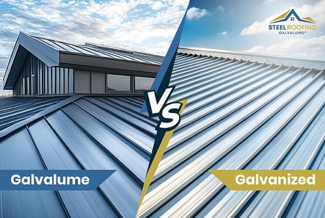 Galvalume vs. Galvanized metal roofing Silver Metal Roof, Metal Roof Houses Color Combos, Metal Roof Coating, Galvanized Metal Roof, Metal Roof Houses, Sheet Metal Roofing, Roof Coating, Steel Roofing, Metal Roof