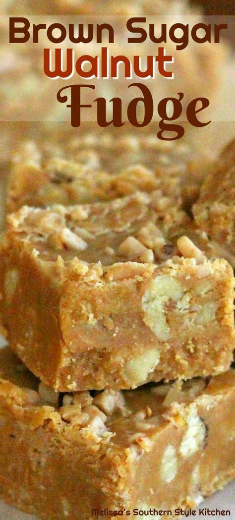 Brown Sugar Walnut Fudge #fudge #fudgerecipes #caramel #walnuts #sweets #desserts #dessertfoodrecipes #dessertrecipes #holidays #holidarecipes #gifts #homemade #southern #southernfood #melissassouthernstylekitchen #christmas #candy #thanksgiving #easy Brown Sugar Fudge, Homemade Fudge Recipes, Walnut Fudge, Easy Candy Recipes, Fudge Bars, Fudge Recipes Easy, Homemade Fudge, Candy Recipes Homemade, Christmas Candy Recipes