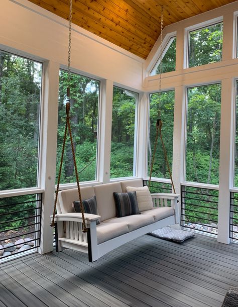 A Storybook Cottage in Lake Geneva - Beach Style - Porch - Chicago - by J. Scott Builders, Inc. | Houzz Screen Porch Living Room, Side Porch Ideas, Small Screened In Porch, Exposed Wood Ceilings, Back Porch Designs, Deck Addition, Michigan Cottage, Perry Homes, Screened In Deck