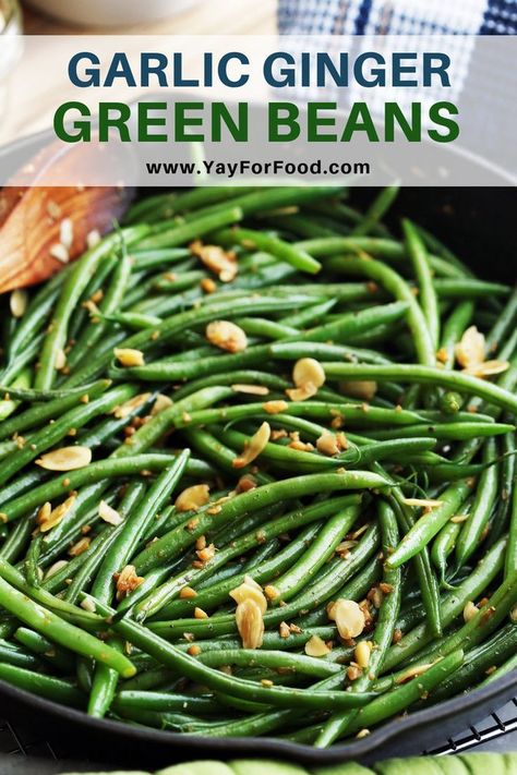 A quick and delicious vegetable side dish recipe. Tender, crisp, colourful French green beans get a flavour boost from the addition of garlic and ginger. #yayforfood | #greenbeans | #frenchbeans | #sidedish | #easyrecipes | #vegetarianrecipes | #garlic | #ginger  | #dinnerrecipes | #easyrecipe Green Beans Side Dish, Ginger Green Beans, French Green Beans, Friends Recipes, Vegetable Side Dish, Garlic And Ginger, Vegetable Side Dishes Recipes, French Green, Side Dish Recipes Easy