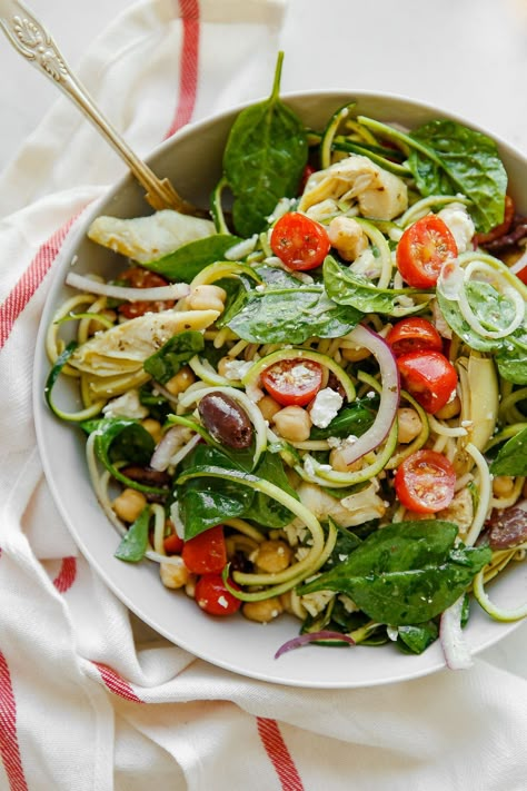 Mediterranean Zucchini Pasta Salad Mediterranean Zucchini, Zucchini Pasta Salad, Gluten Free Pasta Salad, Traditional Pasta, Mini Hamburgers, Pasta Salad Dressing, Zucchini Salad, Salad Recipes Video, Spiralizer Recipes