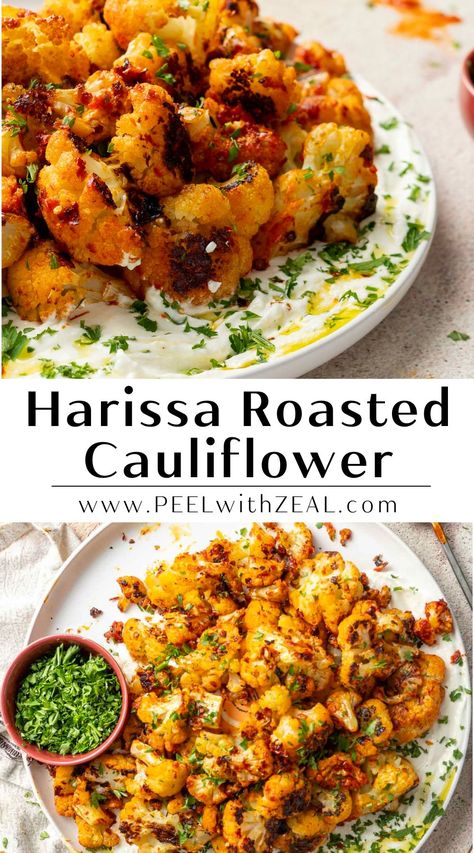 Enjoy every spicy bite of this roasted cauliflower topped with whipped feta cheese. It's an easy, light side dish that's ready in 30 minutes! Whipped Feta Cheese, Harissa Cauliflower, Easy Roasted Cauliflower, Yogurt Dill Sauce, Roasted Rainbow Carrots, Harissa Recipes, Cherry Tomato Salad, Spicy Cauliflower, European Dishes