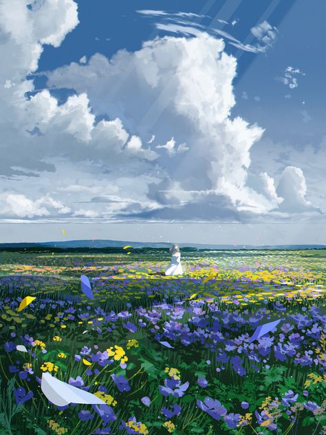 Ipad Wallpaper Switzerland, Field Of Flowers Digital Art, Flower Field Illustration Art, Landscape Reference Drawing, Anime Field Of Flowers, Flower Field Anime Background, Sitting In Flower Field Reference, Fantasy Flower Landscape, Meadow Digital Art