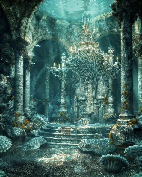 Fantasy Water Kingdom Aesthetic, Mermaid Home Aesthetic, Fontaine Underwater, Ocean Knight, Mermaid House Underwater, Mermaid Culture, Underwater Grotto, Mermaid Village, Castle Underwater