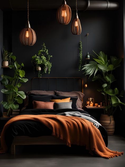 http://cozyspiritstudio.etsy.com Black Bedroom Decor, Boho Bedroom Ideas, Dark Bedroom, Night Owls, Dark Home Decor, Room Makeover Bedroom, Bedroom Green, Master Bedrooms Decor, Dream House Decor