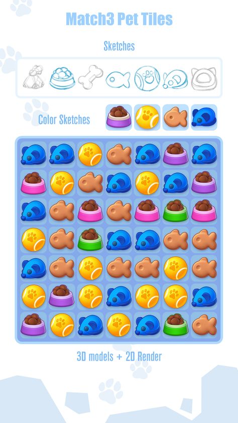 Match3 Pet Tiles on Behance Game Design Concept Art, Game Design Concept, Candy Games, Match 3 Games, Ui Game, 2d Game Art, Casual Art, Dog Games, Gaming Banner