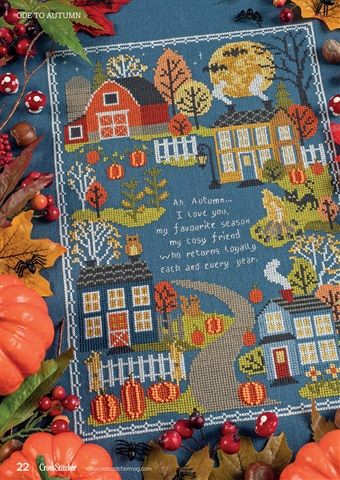 Reader | Powered by Pocketmags Ode To Autumn, Fall Cross Stitch, Cross Stitch House, Diy Bags Patterns, To Autumn, Fall Design, Diy Bag, Thanksgiving Decorations, Fall Crafts