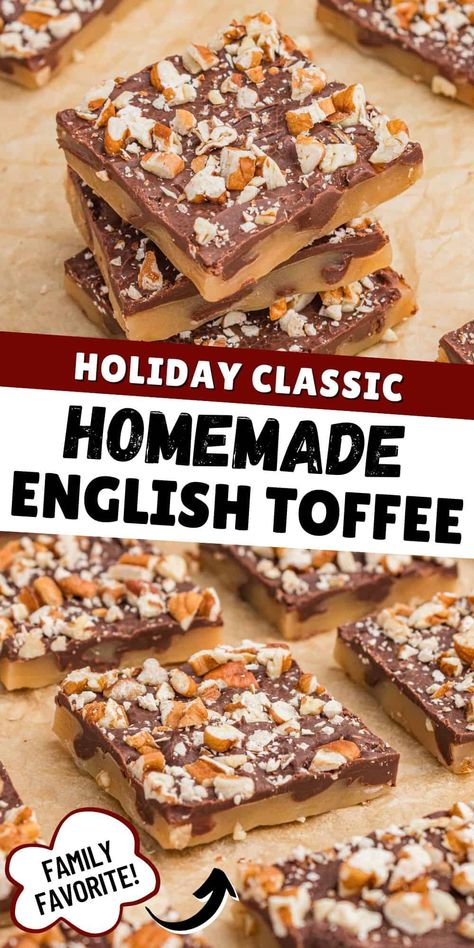 Toffee Christmas Candy, Homemade English Toffee Recipe, Toffee Chocolate Bark, Christmas Gift Baking Ideas, Chocolate Toffee Bark Recipes, Heath Candy Recipes, Easy English Toffee Recipe, Toffee Candy Recipe, Christmas Baking For Gifts