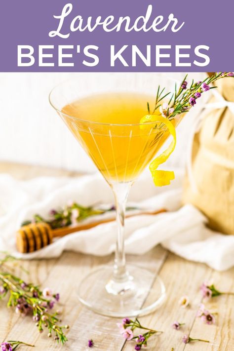 Meet the perfect spring cocktail! This lavender bee's knees is one refreshing gin cocktail. Flavored with honey and lemon, this lavender gin cocktail is the perfect spring sipper. Lavender Lemon Drop Martini Recipe, Lavender Lemon Drop Martini, Bees Knees Drink, Lemon Lavender Vodka Cocktail, Lavender Bees Knees Cocktail, Peach Pizza, Bee’s Knees Cocktail, Lavender Bees Knees, Bees Knees Cocktail