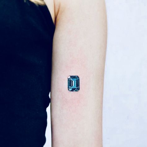 Blue Topaz Tattoo, Black Gem Tattoo, Aquamarine Stone Tattoo, Square Tattoo, Band Tattoos For Men, Stone Tattoo, Necklace Tattoo, Crystal Tattoo, Jewel Tattoo