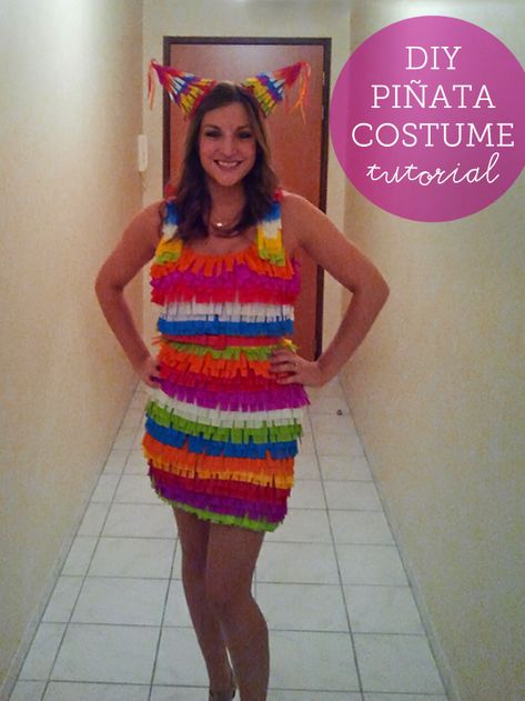 DIY Piñata Costume (Easy, No Sew) - Simply Whisked Diy Pinata Costume, Pinata Halloween Costume, Pinata Costume, Adult Costumes Diy, Halloween Pinata, Diy Costumes Women, Diy Pinata, Costume Tutorial, Diy Kostüm