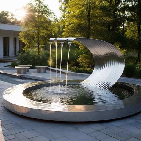 outdoor fountain sculpture, fountain sculpture, water fountain sculpture, garden fountain sculpture, outdoor garden fountain, stainless steel fountain, outdoor water fountain, outdoor fountain, garden fountain, garden water fountain Rock Garden With Water Feature, Water Body Design, Motel Exterior, Water Fall Design, Front Yard Fountain, Waterscape Design, Fountain Sculpture, Contemporary Water Feature, Large Fountain