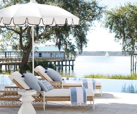 Outdoor Umbrella Ideas, Outdoor Outlet, Poolside Decor, Umbrella Outdoor, Patio Inspiration, Serena And Lily, Pool Decor, Chaise Lounges, Pool Furniture