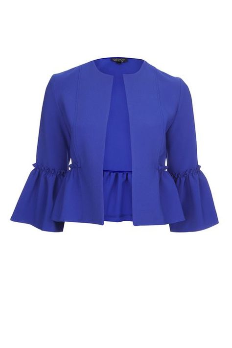 Crop Frill Jacket Blue Cropped Jacket, Ruffle Tops Outfit, Long Blouse Designs, Ruffle Jacket, Professional Outfits Women, Fashion Tops Blouse, African Clothing Styles, Elegant Blouses