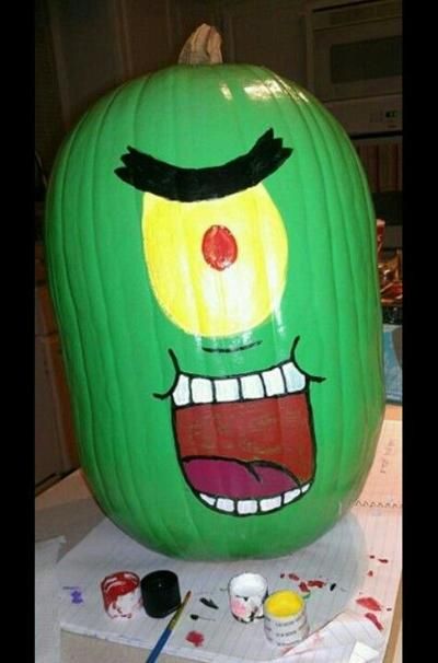 SpongeBob ideas for painting Halloween pumpkins - Plankton Pumpkin Painting Ideas Creative, Spongebob Pumpkin, Spongebob Ideas, Creative Pumpkin Painting, Ideas For Painting, Pumpkin Decorating Contest, Painting Halloween, Disney Pumpkin, Pumpkin Contest