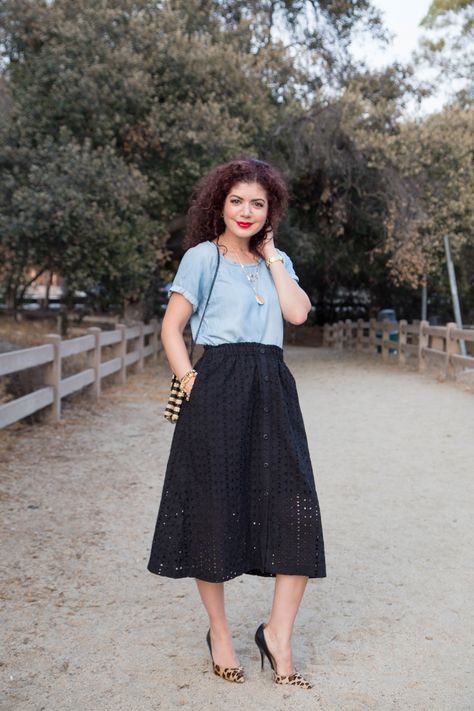 black eyelet skirt | summer style | midi skirt | ruffle skirt | feminine style | Target mossimo button down eyelet skirt | Loft ruffle wrap skirt | Polished Whimsy | pattern mixing and colorful style blog | chambray top | leopard print shoes | striped bag | neutral outfit | work outfit | office style Eyelet Skirt Outfit, Ruffle Wrap Skirt, Skirt Outfit Ideas, Outfit Ideas For Church, Latina Outfit, Jean Jacket Outfits, Midi Skirt Outfit, Eyelet Skirt, Dressy Skirts