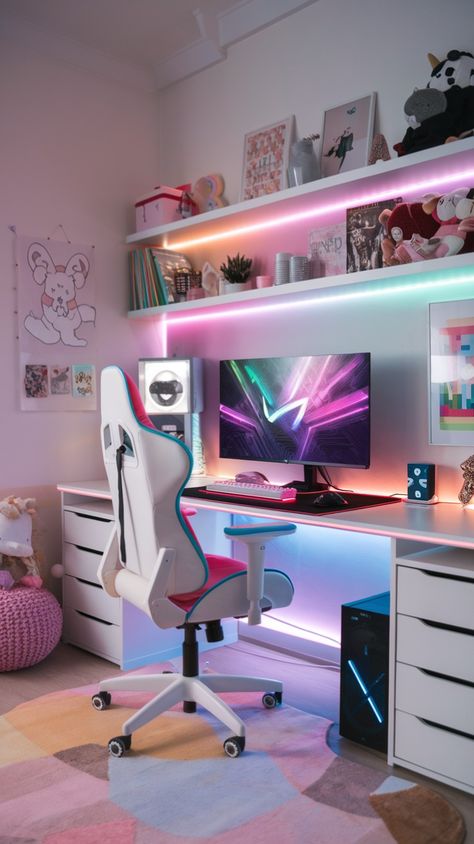 A stylish and modern gaming bedroom setup featuring a sleek desk, high-performance monitor, and an ergonomic chair. Colorful LED lighting and personalized decor, like posters and plushies, bring the room to life. Cozy, organized, and tech-savvy with minimal cable clutter.

#GamingBedroom #ModernGaming #TechSavvy #CozyVibes #ErgonomicSetup #LEDLighting #GamingDecor #2025Style #MinimalClutter #GirlsGamingSpace Modern Gaming Bedroom, Girl Gamer Room, Gaming Bedroom Setup, Girl Gaming Setup, Gaming Setup Bedroom, Gaming Bedroom Ideas, Ultimate Gaming Setup, Smart Room, Gaming Bedroom