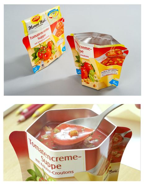 Maggi “Moment Mahl“  a practical collapsible-cup packaging for instant soups. The packaging is remarkable due to the combination of a flexible pouch that contains the product and a folding paperboard part that turns into a convenient cup upon squeezing the bag. Soup Packaging Design, Soup Packaging, Salad Packaging, Yogurt Packaging, Smart Packaging, Food Innovation, Small Business Packaging Ideas, Food Branding, Instant Recipes