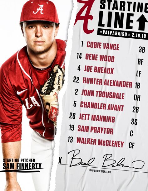 Alabama Baseball Lineup Graphic, Baseball Starting Lineup Graphic, Starting Lineup Graphic, Sports Advertising, Ed Design, Sports Design Ideas, Soccer Poster, Media Sosial, Sport Poster Design