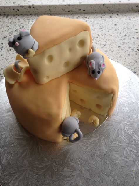 Vanilla cake in cheese shape with mice - pic only Cheese Birthday Party, Cheese Party, Chocolate Cheese, Specialty Cakes, Second Birthday, Vanilla Cake, Mice, 2nd Birthday, Cupcake Cakes