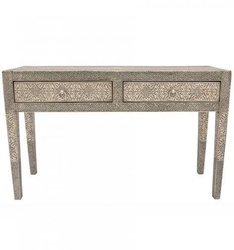 Sleek in structure, intricate in decoration, stunning in execution, our two-drawer Munir console table projects a cool sophistication. Crafted from maillechort and featuring alternating styles of hand-chiselled motif, it is ideal for use in a hallway or bedroom. Height: 80cm Width: 40cm Depth: 130cm Moroccan Dining Room, Moroccan Bazaar, Moroccan Dining, Moroccan Table, Bohemian Minimalist, Luxury Table, Brass Lamp, Mirror Cabinets, Modern Interiors