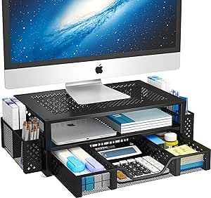 Simple Trending 2 Tier Metal Monitor Stand Monitor riser and Computer Desk Organizer with Drawer and Pen Holder for Laptop, Computer, iMac, Black Computer Desk Organization, Organizing Office, Workspace Desk, Monitor Riser, Unique Desks, Office Supply Organization, Work Efficiency, Best Computer, Metal Desks