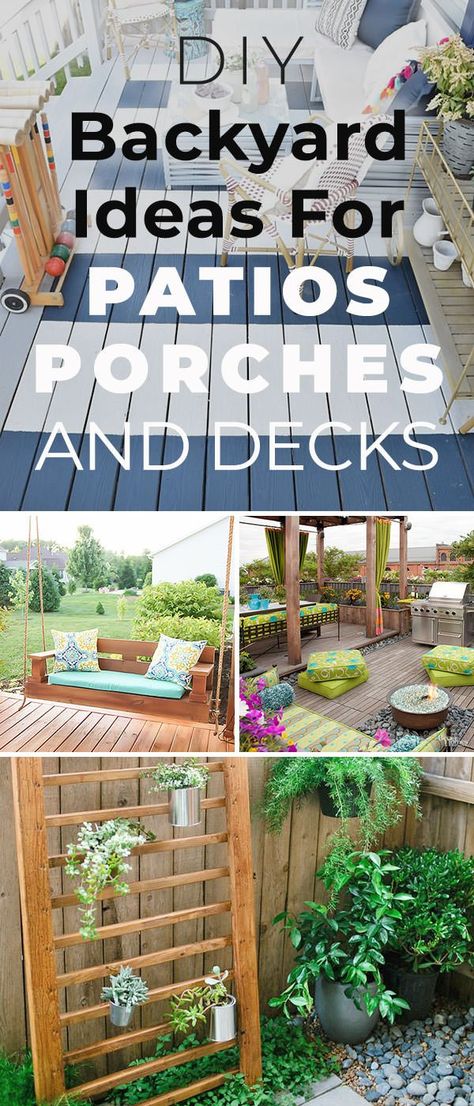 12 DIY Backyard Ideas for Patios, Porches and Decks • The Budget Decorator Diy Backyard Ideas, Patios And Decks, Backyard Ideas For Small Yards, Diy Backyard Patio, Deck Projects, Budget Patio, Patio Flooring, Patio Diy, Diy Outdoor Decor